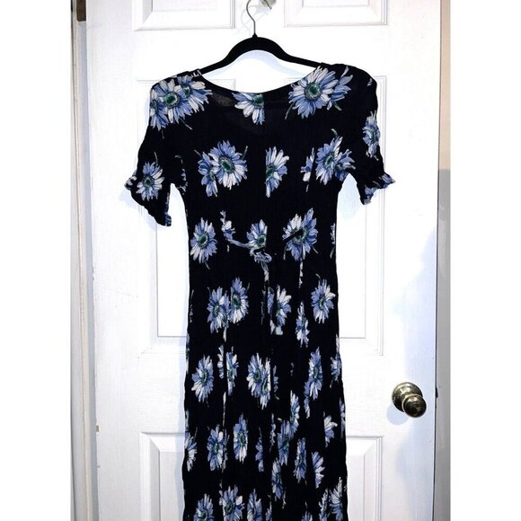 Vintage 90S AMERICAN ANGEL Navy Floral Crinkle Maxi Dress Goth Cottagecore - Picture 9 of 11